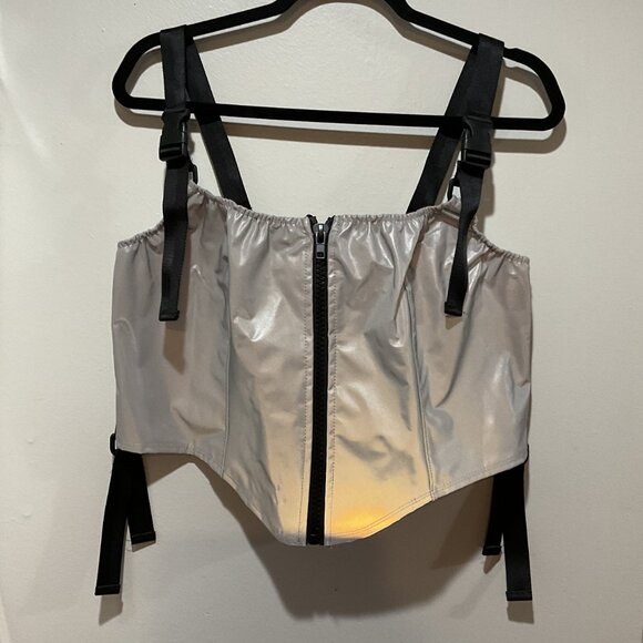 NWTs Club Exx Silver Metallic Harness Zip Up Tank Top Women's 1X Dolls Kill - Picture 2 of 15
